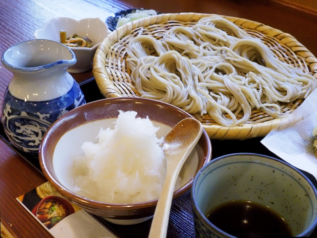 【推奨写真】信州の手打ちそば— 透明感のある細麺と薬味、清潔感のある盛り付け