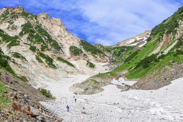 【推奨写真】白馬大雪渓を登る登山者の列— 7〜8月、雪渓の白と青空のコントラストが美しい