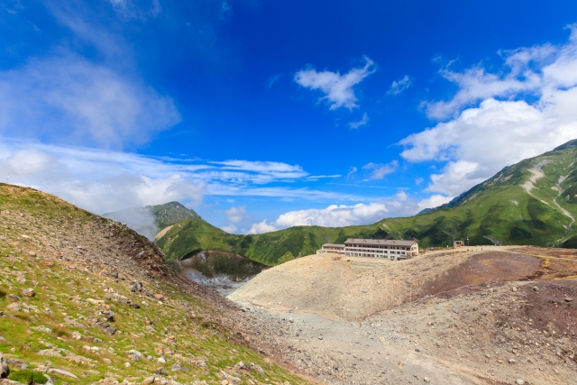 【推奨写真】立山の地獄谷と噴気、その向こうに広がる剱岳の全景— 夏の快晴日がベスト